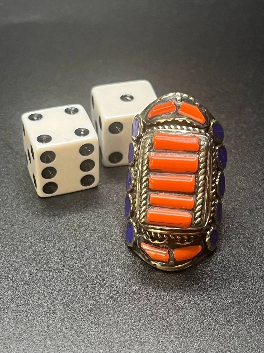 Southwestern Style Orange blue Inlay Statement Ring. Unmarked, not tested